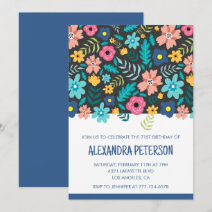 Modern Navy Floral Pattern 71st birthday Invitation