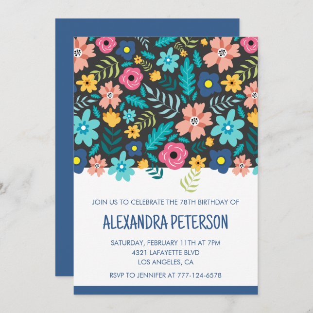 Modern Navy Floral Pattern 78th birthday Invitation (Front/Back)