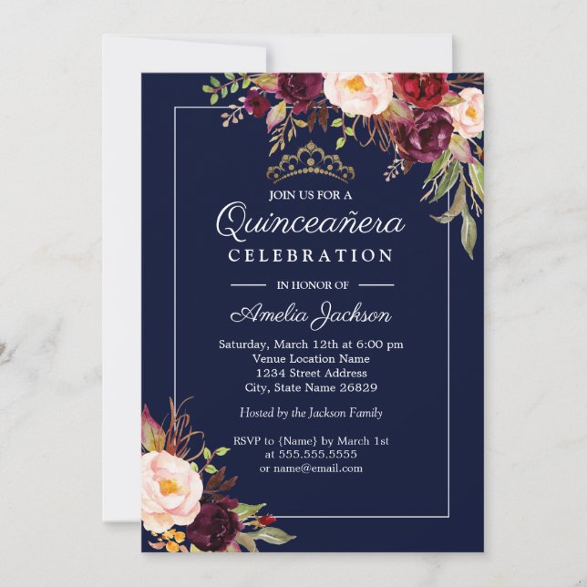 Modern Navy Floral Quinceanera Invitation (Front)