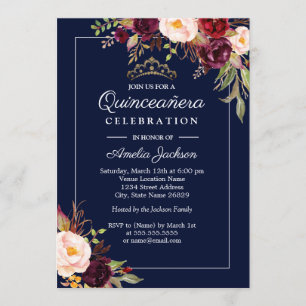 Modern Navy Floral Quinceanera Invitation