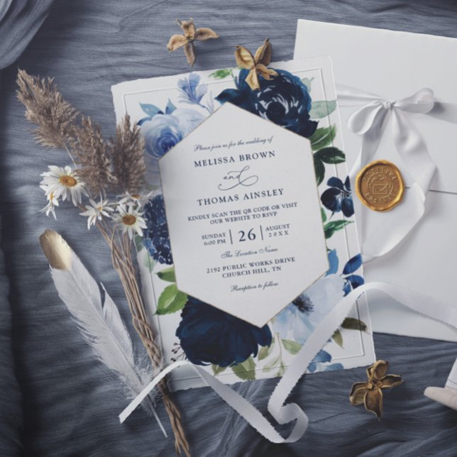 Modern Navy Flowers Budget QR Code Wedding Invitation (Creator Uploaded)