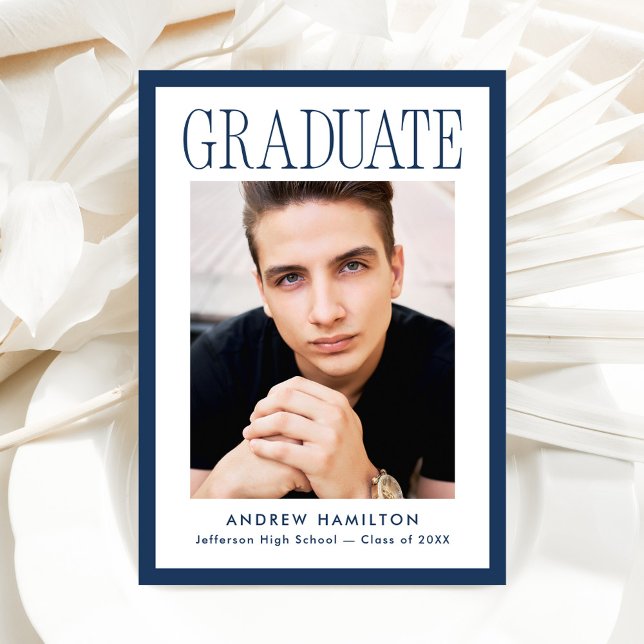 Modern Navy Frame 2 Photo Graduation Announcement (Creator Uploaded)