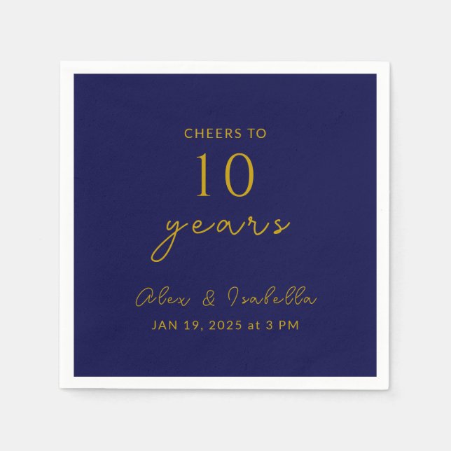Modern Navy Gold 10th Wedding Anniversary Party Napkin (Front)
