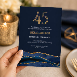 Modern Navy Gold 45th Birthday Invitation