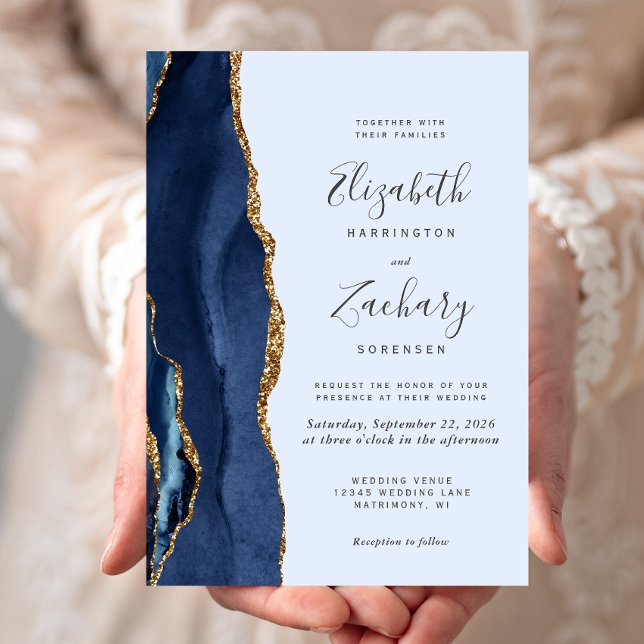 Modern Navy Gold Agate Light Blue Wedding Invitation (Creator Uploaded)