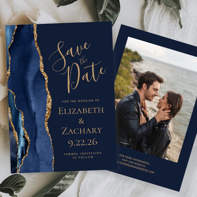 Modern Navy Gold Agate Photo Save The Date (Creator Uploaded)