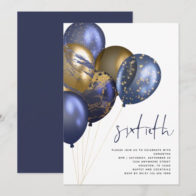 Modern Navy Gold Balloons 60th Birthday Party Invitation (Front/Back)