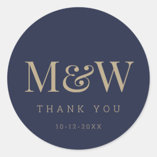 Modern Navy Gold Bride Groom Monogram Thank You Classic Round Sticker