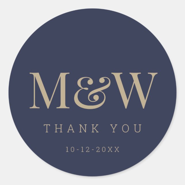 Modern Navy Gold Bride Groom Monogram Thank You Classic Round Sticker (Front)