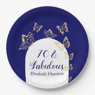 Modern Navy Gold Butterflies Fabulous Birthday Paper Plate