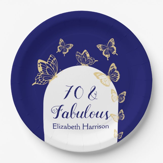Modern Navy Gold Butterflies Fabulous Birthday Paper Plate (Front)