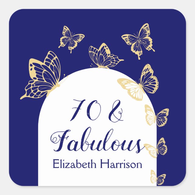 Modern Navy Gold Butterflies Fabulous Birthday Square Sticker (Front)