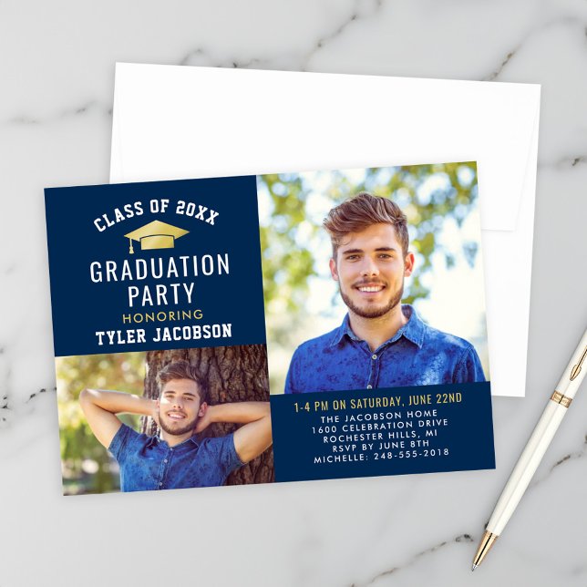 Modern Navy Gold Cap Photo Graduation Party Invitation (Creator Uploaded)