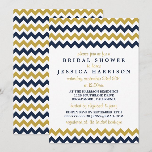 Modern Navy & Gold Chevron Bridal Shower Invitation (Front/Back)