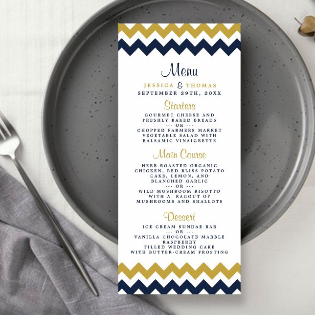 Modern Navy & Gold Chevron Wedding Menu (Creator Uploaded)