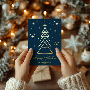 Modern Navy Gold Christmas Tree Photo Foil Holiday Card