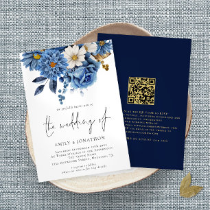 Modern Navy Gold Florals QR Code Wedding Invitation