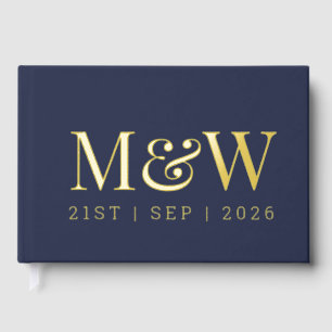 Modern Navy Gold Foil Monogram Initials Wedding Guest Book