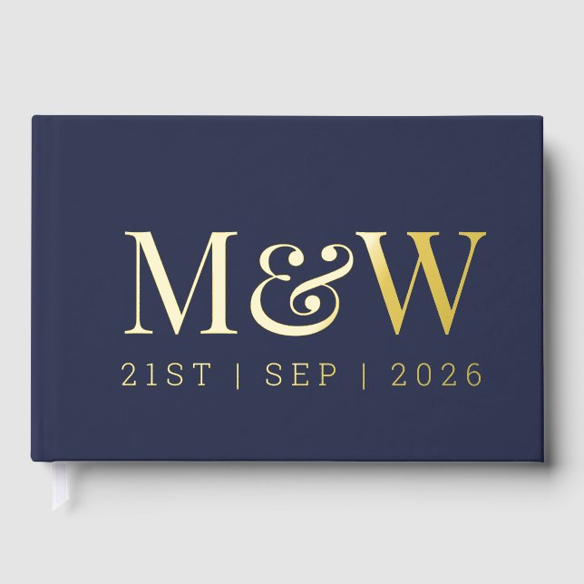 Modern Navy Gold Foil Monogram Initials Wedding Guest Book (Front)