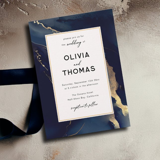 Modern Navy Gold Frame Elegant Boho Beach Wedding Invitation (modern frame navy gold beach wedding invitation minimalist elegant bohemian romantic calligraphy)