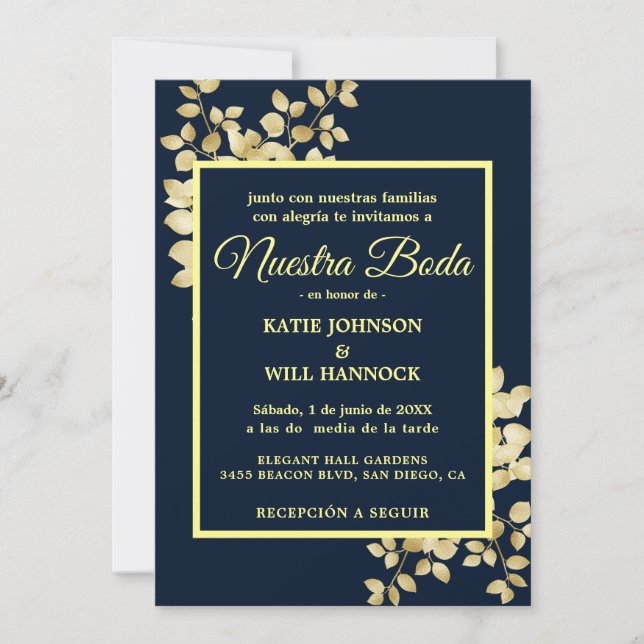 Modern Navy Gold frame Gold Leaves Nuestra Boda Invitation (Front)