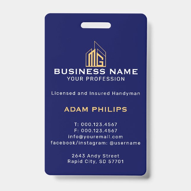 Modern Navy Gold Geometric Building ID Badge (Front)