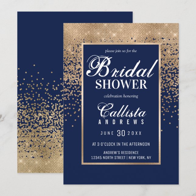 Modern Navy Gold Glitter Confetti Bridal Shower Invitation (Front/Back)