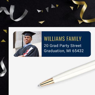 Modern Navy Gold Graduation Photo Return Address