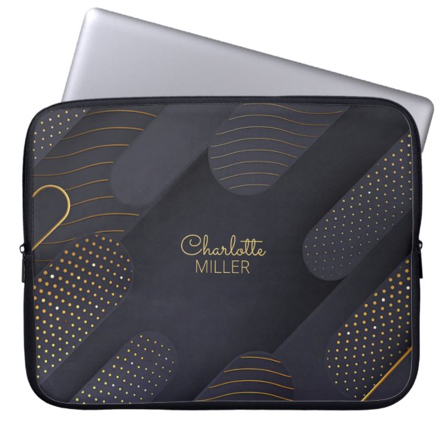Modern Navy-Gold Halftone Pattern and Custom Name Laptop Sleeve (Front)