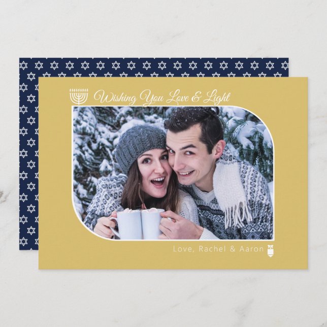 Modern Navy & Gold Love & Light Hanukkah Photo Holiday Card (Front/Back)