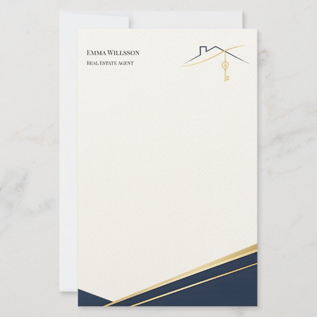 Modern Navy Gold Luxury Realtor Estate Agent Stationery (Front)