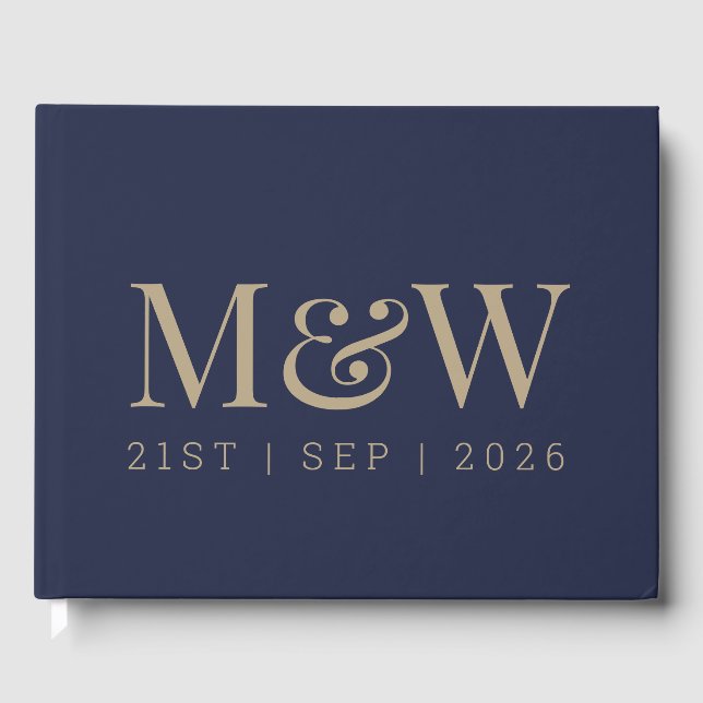 Modern Navy Gold Monogram Wedding Guest Book (Front)