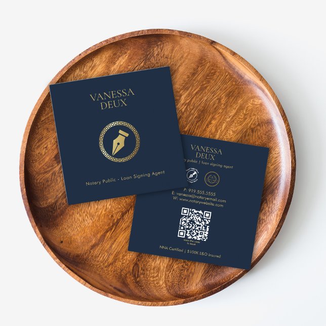Modern Navy & Gold Notary Pen QR Logo Elegant Square Business Card (Creator Uploaded)