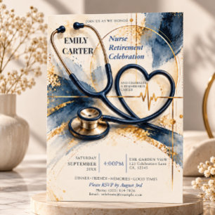 Modern Navy Gold Nurse Retirement Celebration Invitation