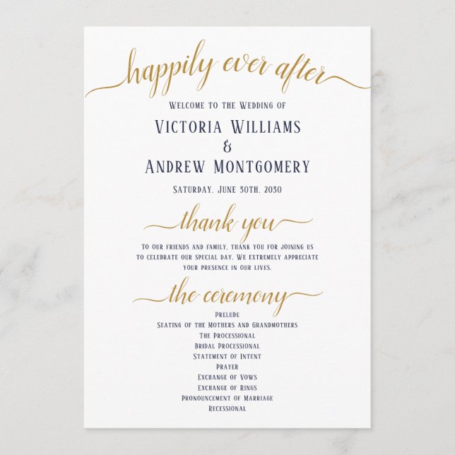 Modern Navy Gold Script Minimal Wedding Ceremony Programme (Front)