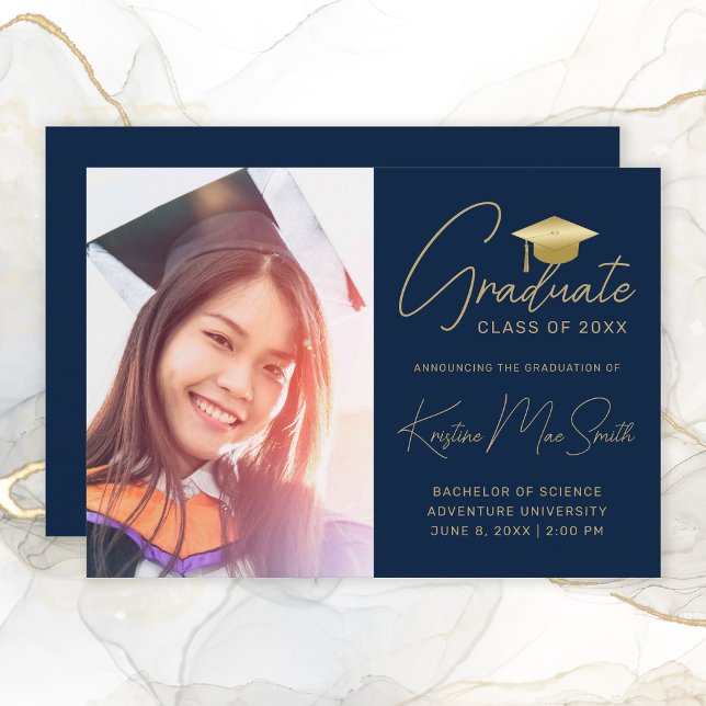 Modern Navy Gold Script Photo College Graduation Announcement (Modern Navy Blue Gold Photo Graduation Announcement)