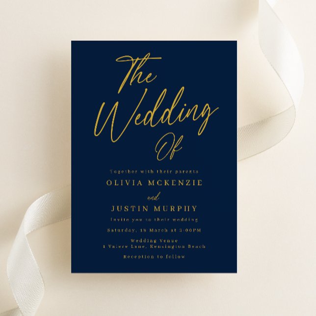 Modern Navy & Gold Script Wedding Invitation (Creator Uploaded)