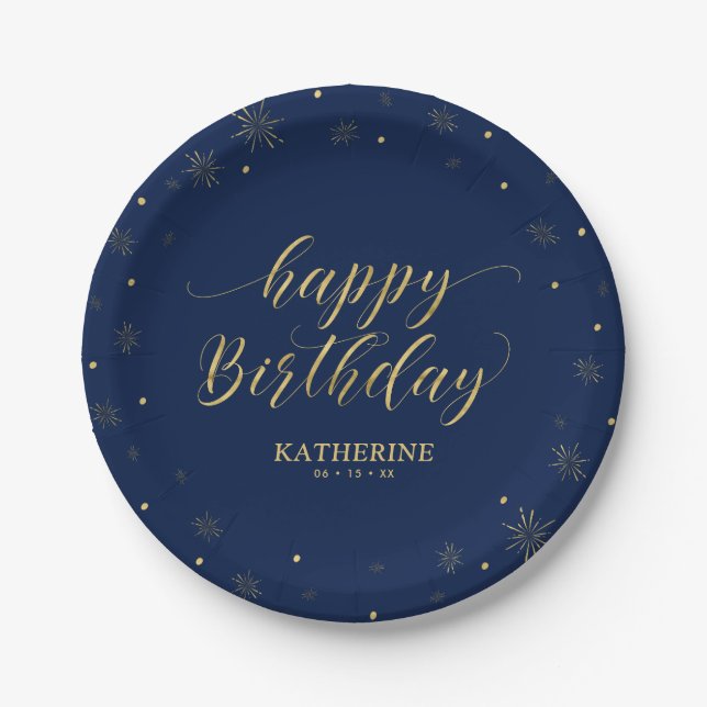 Modern Navy & Gold Sparkle Happy Birthday Party Paper Plate (Front)