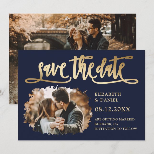 Modern Navy Gold Wedding Photo Save The Date (Front/Back)