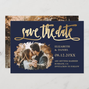 Modern Navy Gold Wedding Photo Save The Date