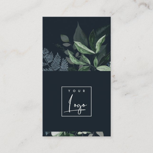 Modern Navy Green Leafy Tropical Foliage Fern Logo Business Card (Front)