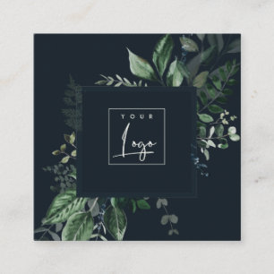 Modern Navy Green Leafy Tropical Foliage Fern Logo Square Business Card