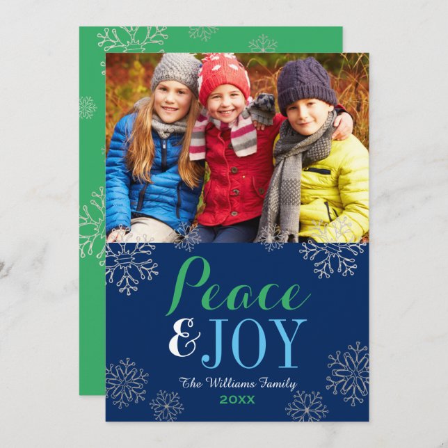Modern Navy Green Peace and Joy Snowflake Photo Holiday Card (Front/Back)
