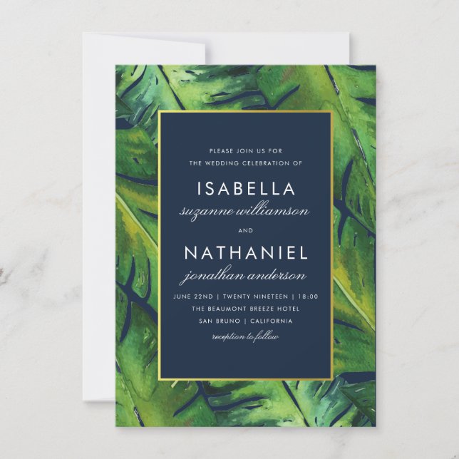 Modern Navy & Green Tropical Leaves Wedding Invitation (Front)