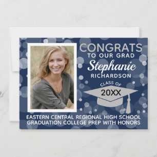 Modern Navy Grey Bokeh Bubbles Photo Graduation Invitation