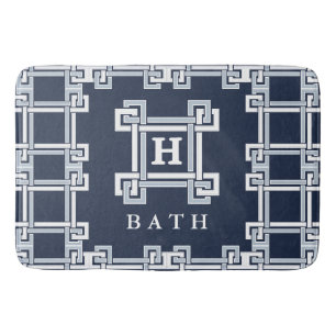 Modern Navy Grey Greek Key Monogram Bathroom Bath Mat