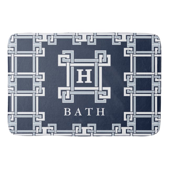 Modern Navy Grey Greek Key Monogram Bathroom Bath Mat (Front)