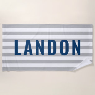 Modern Navy Grey Stripe Monogram Name Beach Towel