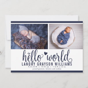 Modern Navy Hello World Photo Birth Stat Announcement