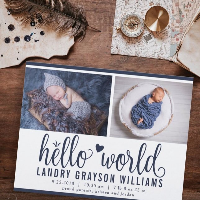 Modern Navy Hello World Photo Collage Birth Stat Announcement (Creator Uploaded)